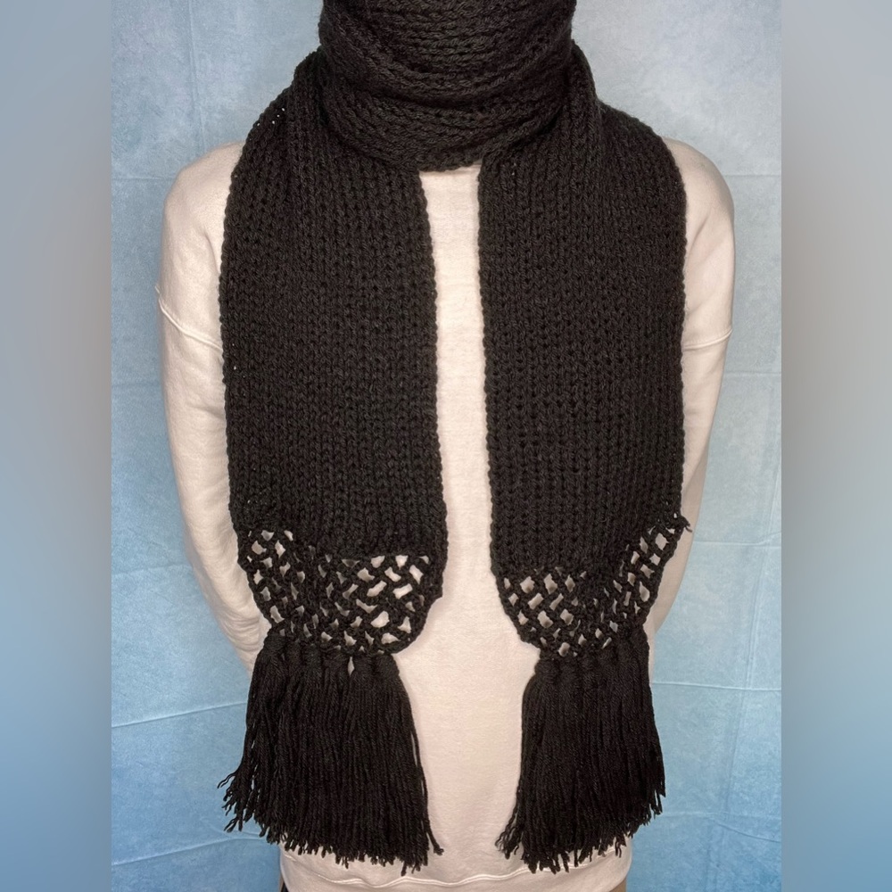 UNISEX Handmade Black Crochet Knitted Scarf with Fringe; Multiple Sizes